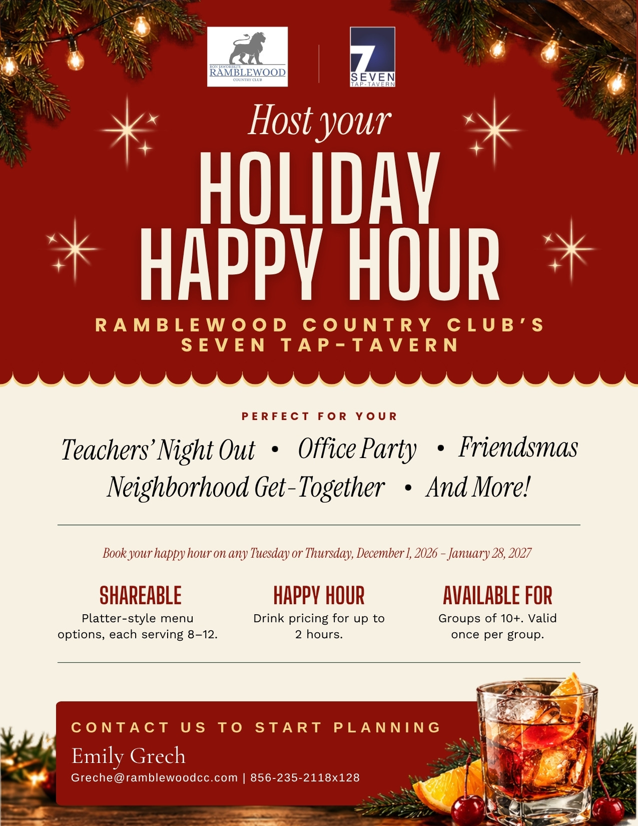 Ramblewood Country Club Holiday Happy Hour at Seven Tap-Tavern flyer